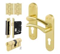 AFIT Satin Brass Euro Cylinder Door Handle Lock Hinges Complete Set in Gold | Size: 150mm x 150mm AFIT Gold 150mm x 150mm