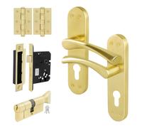AFIT Satin Brass Euro Thumbturn Cylinder Door Handle Lock Hinges Set in Gold | Size: 150mm x 150mm AFIT Gold 150mm x 150mm