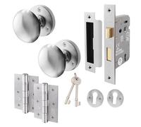 Afit Satin Chrome Key Lock Door Knob Set - 1 Pair Of Victorian Mortice Knobs (55mm), Sash Lock (80mm) & Hinges (76mm)