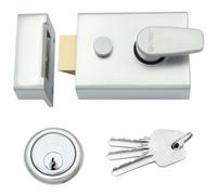 Afit Satin Chrome Nightlatch Front Door Lock Easy Grip, Inside Snib, 3 Keys - 60mm Key Centre - Sat Chrome / Satin Cylinder
