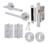 Afit Satin Door Handle Key Lock Set, Satin Chrome Internal Door Handle With 64mm Lock And 64mm Hinges, Eden 1 Pack