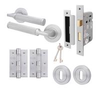Afit Satin Door Handle Key Lock Set Satin Chrome Internal With 64mm Lock And 76mm Hinges Knurled Textured Grip Moda 1 Pack