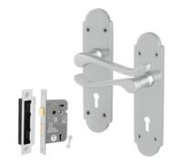 Afit Satin Door Handles Lock Set, 1 Pair Of Internal Satin Chrome Victorian Scroll Backplate Handles And Lock 64mm