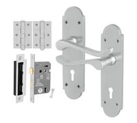 Afit Satin Door Handles Lock Set, 1 Pair Of Internal Satin Chrome Victorian Scroll Backplate, Hinges And Lock 64mm