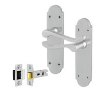 AFIT Satin Door Handles with Latch, 1 Pair Satin Chrome Backplate in Silver | Size: 150mm x 150mm AFIT Silver 150mm x 150mm