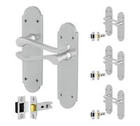 AFIT Satin Door Handles with Latch, 4 Pairs Satin Chrome Backplate in Silver | Size: 150mm x 150mm AFIT Silver 150mm x 150mm