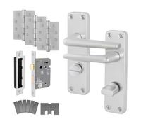 Afit Satin Fire Door Handle, Bathroom Lock And Hinge Kit For Fire Doors, Aluminium Handle On Backplate Contract Style