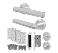 Afit Satin Fire Door Handle Bathroom Set, Satin Nickel Internal Fir Door Handle, 80mm Bathroom Lock And 102mm Hinges, Monet