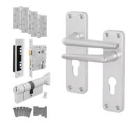 Afit Satin Fire Door Handle, Euro Cylinder Lock And Hinge Kit For Fire Doors, Aluminium Backplate Handle Contract Style