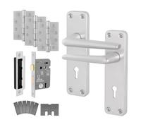 Afit Satin Fire Door Handle, Key Lock And Hinge Kit For Fire Doors, Aluminium Handle On Backplate Contract Style, Satin