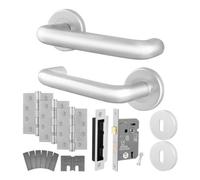 Afit Satin Fire Door Handles Key Lock And Hinge Kit For Fire Doors, Aluminium 19mm Return To Door Lever On Rose Handles