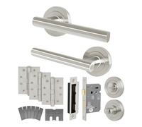 Afit Satin Nickel Bathroom Door Handle Kit - Fir Fd30/60, 1 Pair Of Internal Lever Handles, Lock 80mm, Hinges - Olvera