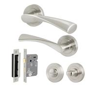 Afit Satin Nickel Bathroom Door Handle Round Rose Kit, 1 Pair Of Internal Lever Handles, Lock 80mm, Hinges - Novi