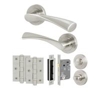 Afit Satin Nickel Bathroom Door Handle Round Rose Kit, 1 Pair Of Internal Lever Handles With Lock 64mm - Novi