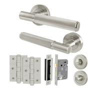 Afit Satin Nickel Bathroom Door Handle Round Rose Kit, 1 Pair Of Knurled Internal Lever Handles, Lock 64mm, Hinges - Nurl