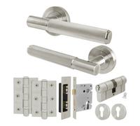 Afit Satin Nickel Door Handle Euro Lock And Double Cylinder Kit, 1 Pair Of Knurled Internal Handles, Locks, Hinges - Nurl