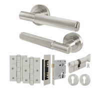 Afit Satin Nickel Door Handle Euro Lock And Turn Cylinder Set, 1 Pair Of Knurled Internal Handles, Locks, Hinges - Nurl