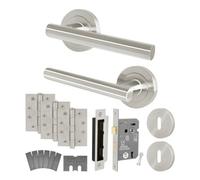 Afit Satin Nickel Door Handle Key Lock Kit - Fir Fd30/60, 1 Pair Of Internal Lever Handles, Lock 80mm, Hinges - Olvera