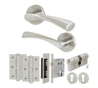 Afit Satin Nickel Door Handle Round Rose Key Lock Kit, 1 Pair Internal Lever Handles With Lock 64mm - Novi Range