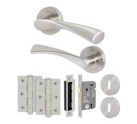 Afit Satin Nickel Door Handle Round Rose Key Lock Kit, 1 Pair Of Internal Lever Handles, Lock 64mm And Hinges - Novi