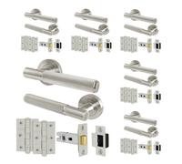 Afit Satin Nickel Door Handles Round Rose Latch Kit, 6 Pairs Knurled Internal Lever Handles, Latches 64mm And Hinges - Nurl