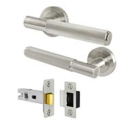 Afit Satin Nickel Door Handles Round Rose With Latch, 1 Pair Of Knurled Internal Lever Handles, Latch 64mm - Nurl
