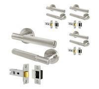 Afit Satin Nickel Door Handles Round Rose With Latch, 4 Pairs Of Knurled Internal Lever Handles, Latch 64mm - Nurl
