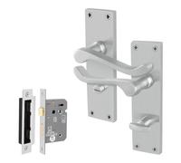 Afit Satin Scroll Door Handles Bathroom Set, 1 Pair Of Internal Victorian Scroll Backplate Handles And Lock (64mm)