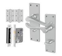 Afit Satin Scroll Door Handles Bathroom Set, 1 Pair Of Internal Victorian Scroll Backplate Handles, Lock 64mm And Hinges