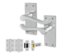 Afit Satin Scroll Door Handles Latch Set, 1 Pair Of Internal Victorian Scroll Backplate Handles, Latch (64mm) And Hinges