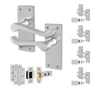 Afit Satin Scroll Door Handles Latch Set, 5 Pairs Of Internal Victorian Scroll Backplate Handles, Latch 64mm And Hinges