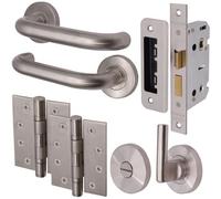 Afit Satin Stainless Steel Return To Door Lever On Rose Handle Bathroom Kit - 102mm Hinges 64mm Lock