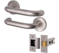 Afit Satin Stainless Steel Return To Door Lever On Rose Handle & Latch Kit 76mm Latch