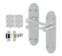 Afit Satin Victorian Door Handles Latch Set, 1 Pair Of Internal Satin Chrome Scroll Backplate, Hinges, Latch 64mm
