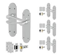 Afit Satin Victorian Door Handles Latch Set, 4 Pairs Of Internal Satin Chrome Scroll Backplate, Hinges, Latch 64mm
