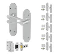 Afit Satin Victorian Door Handles Latch Set, 6 Pairs Of Internal Satin Chrome Scroll Backplate, Hinges, Latch 64mm