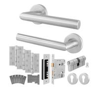 Afit Stainless Steel Door Handle Euro Cylinder Lock And Hinge Kit For Fire Doors, Satin Lever On Round Rose Handle, Miro
