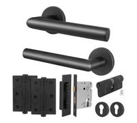 Afit Stainless Steel Door Handle Euro Cylinder Lock And Hinge Kit, Matt Black Lever On Round Rose Handle - Miro Range