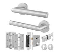 Afit Stainless Steel Door Handle Euro Cylinder Lock And Hinge Kit, Satin Lever On Round Rose Handle - Miro Range