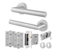 Afit Stainless Steel Door Handle Euro Cylinder Lock And Hinge Kit, Satin Lever On Round Rose Handle - Miro Range