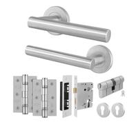 Afit Stainless Steel Door Handle Euro Cylinder Lock And Hinge Kit, Satin T-Bar Lever On Round Rose Handle - Vano Range