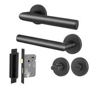 Afit Stainless Steel Door Handles And Bathroom Lock 64mm Kit, Matt Black Lever On Round Rose Handles - Miro Range