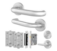 Afit Stainless Steel Door Handles Bathroom Lock 64mm And Hinge Kit, 19mm Return To Door Lever On Rose Handles, Satin