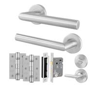 Afit Stainless Steel Door Handles Bathroom Lock 64mm And Hinge Kit, Satin Lever On Round Rose Handles - Miro Range