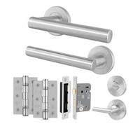 Afit Stainless Steel Door Handles Bathroom Lock 76mm And Hinge Kit, Satin T-Bar Lever On Round Rose Handles - Vano Range