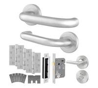 Afit Stainless Steel Door Handles Bathroom Lock And Hinge Kit For Fire Doors, 19mm Return To Door Lever On Rose, Satin