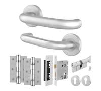 Afit Stainless Steel Door Handles Euro Cylinder Lock And Hinge Kit, 19mm Return To Door Lever On Rose Handles, Satin