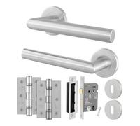 Afit Stainless Steel Door Handles Key Lock 64mm And Hinge Kit, Satin Lever On Round Rose Handles - Miro Range