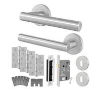 Afit Stainless Steel Door Handles Key Lock And Hinge Kit For Fire Doors, Satin T-Bar Lever On Rose Handles - Vano Range