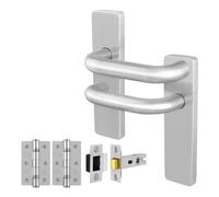 Afit Stainless Steel Door Handles Latch 64mm And Hinge Kit, 19mm Return To Door Lever On Backplate Handles, Satin
